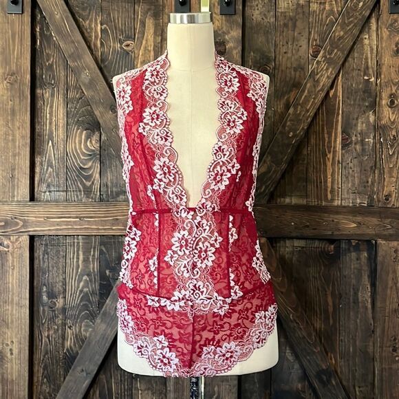 Wine Red Lace Deep V-Neck Teddy lingerie XL - Picture 5 of 10